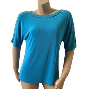 Citiknits Womens Small Blue Boat Neck Laser Cut Sleeve Stretch Slinky Knit Top